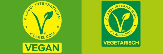 Das neue V-Label für vegane Produkte links und für vegetarische Produkte rechts
