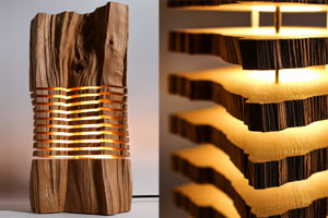 Diese Lampen-Unikate aus Fundstücken setzen Holz in Szene