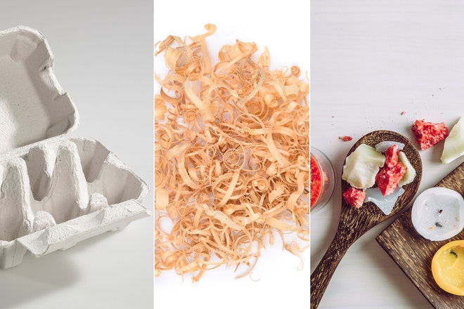 Eine Collage: Ein leerer Eierkarton, Holzsspäne und Wachsreste