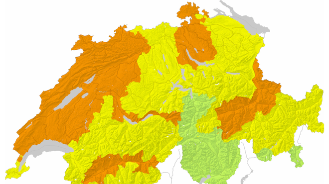 Auf der Schweizerkarte sind die folgende Regionen dunkelorange eingefärbt: Basel-Stadt Basel-Landschaft Jura Schaffhausen Solothurn Bern, nördliches Kantonsgebiet Freiburg, nördliches Kantonsgebiet Teile Graubündens Teile Neuenburgs Teile der Waadt Teile des Wallis