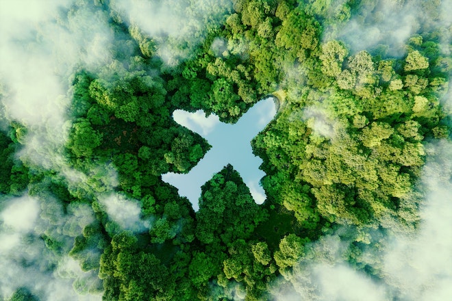 Flugzeug über Bäumen umgeben von Wolken
