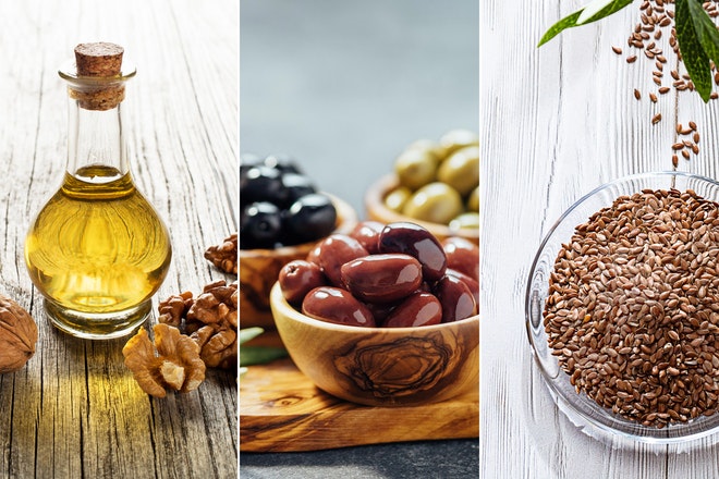 Eine Collage: Baumnussöl, Oliven und Leinsamen
