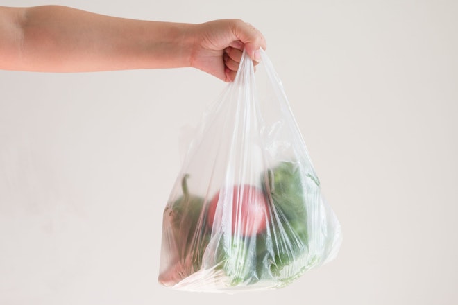 Eine Hand hält ein Plasticksäckli, in welchem Gemüse und Früchte drin sind