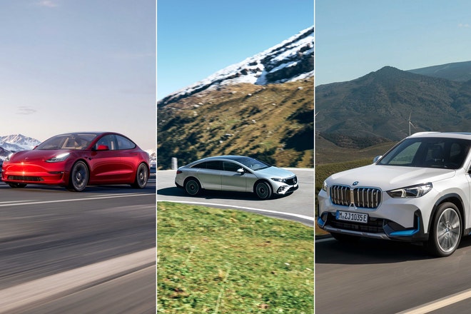 Eine Collage: Tesla, Mercedes Benz und BMW