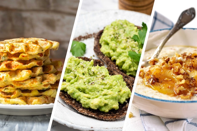 A three-way collage with vegan waffles, wholemeal bread with guacamole and semolina with pears.