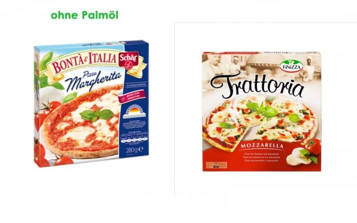 Schärs Margherita wird ohne Palmöl produziert - Finizzas Pizza Mozzarella enthält Palmöl