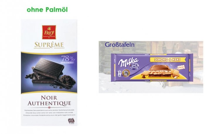 Produkte mit Palmöl und Produkte ohne Palmöl: Schokolade