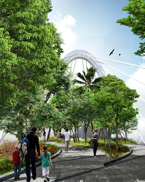 Dachgarten als brillante Brückenkonstruktion mit integriertem Park