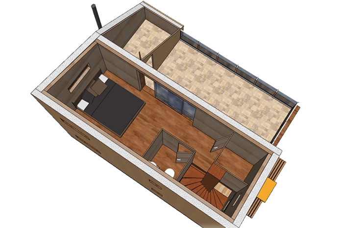 Visualisierung des Obergeschosses mit einem kleinen Bad, einem Doppelbett, einiges an Stauraum und eine grosszügige Terrasse