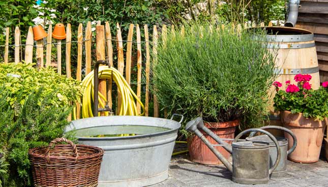 Giesskannen, eine Wassertonne und Kräuter im Garten