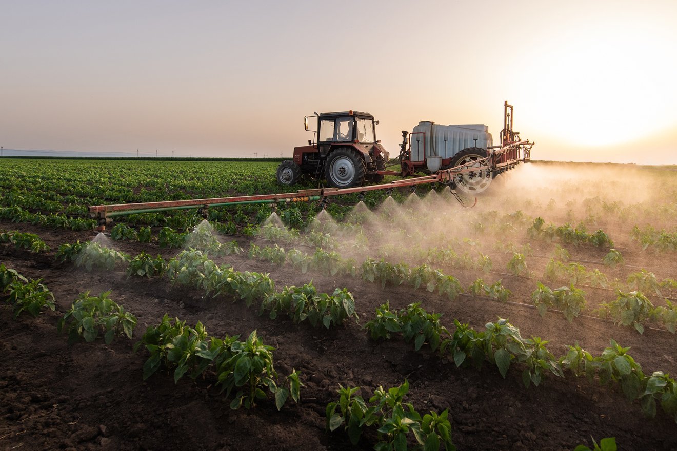 Traktor fährt über Feld und versprüht Pestizid
