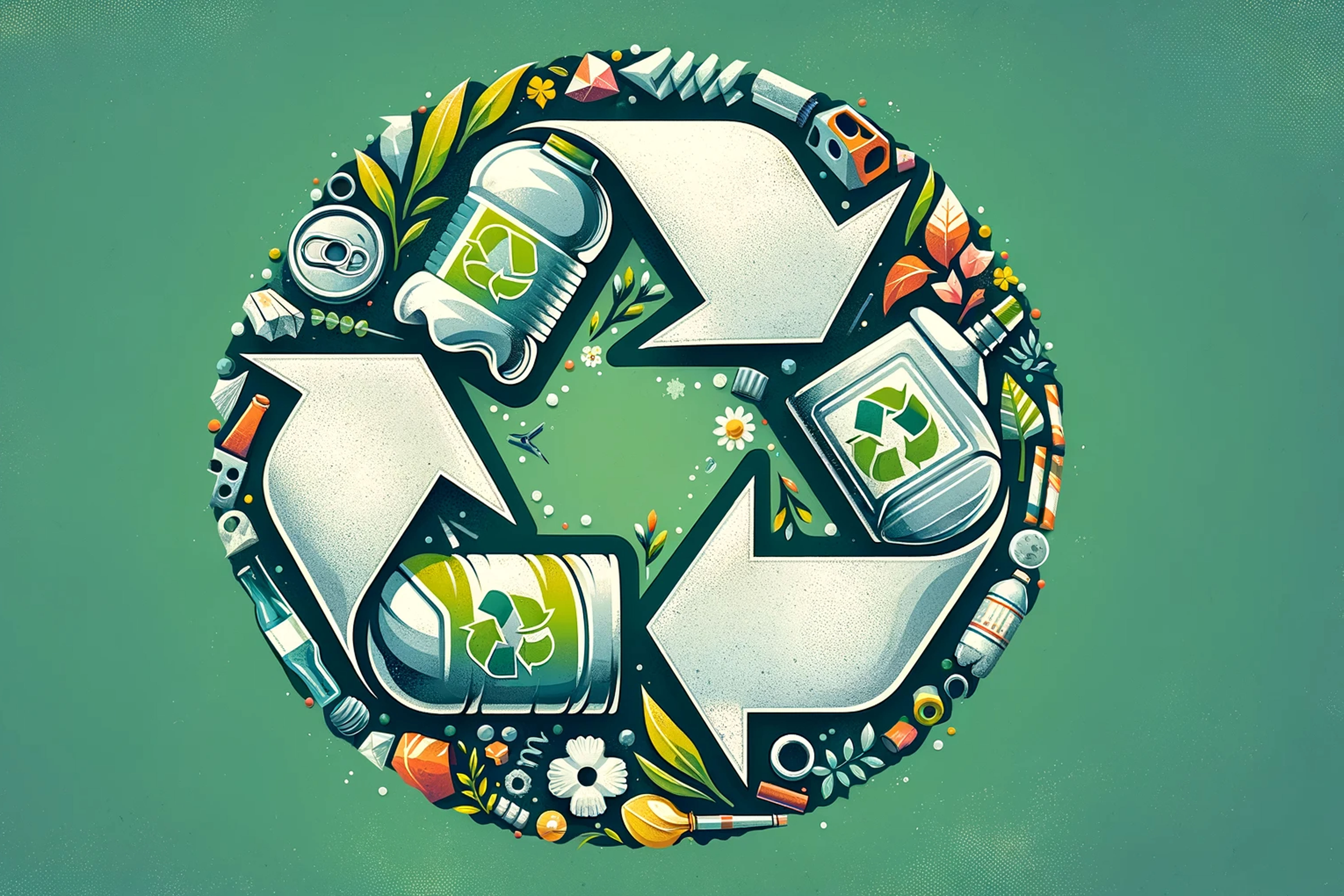 Das Logo von Recycling umfasst mit verschiedenen recyclebaren Materialien.